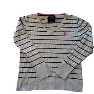 U.S. POLO ASSN. V-Neck Sweater Women’s Large Gray Navy Stripes Cable Knit